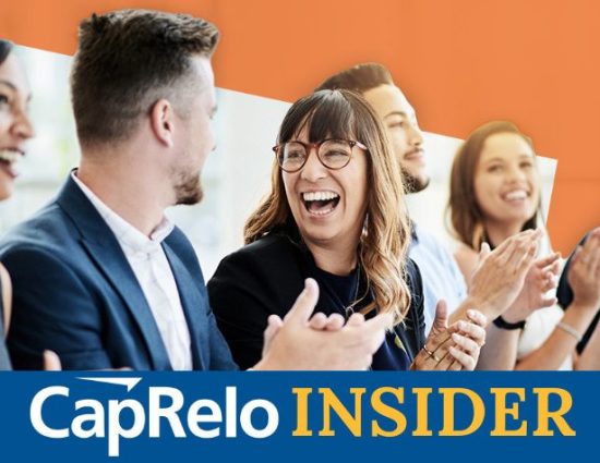 Coworkers smiling and clapping with the text, "CapRelo Insider" below the image