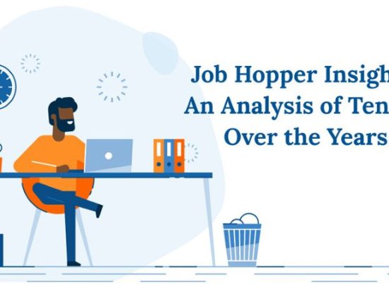 Graphic of a man sitting in front of a laptop with the text, "Job Hopper Insights: An Analysis of Tenure Over the Years"