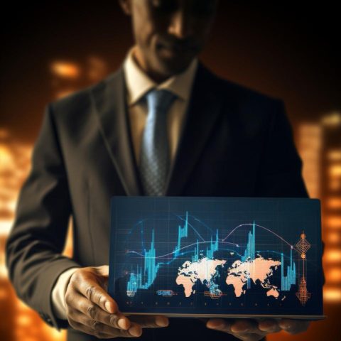 “Professional holding a digital tablet with a world map and global financial data visualizations, representing international relocation expertise